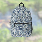Koi Fish and Water Lily Blue Chinoiserie Monogram Bedruckter Rucksack