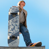 Koi Fish and Water Lily Blue Chinoiserie Monogram Skateboard