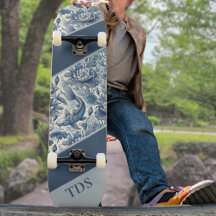 Koi Fish and Water Lily Blue Chinoiserie Monogram