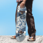 Koi Fish and Water Lily Blue Chinoiserie Monogram Skateboard