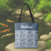 Koi Fish and Water Lily Blue Chinoiserie Monogram Tasche