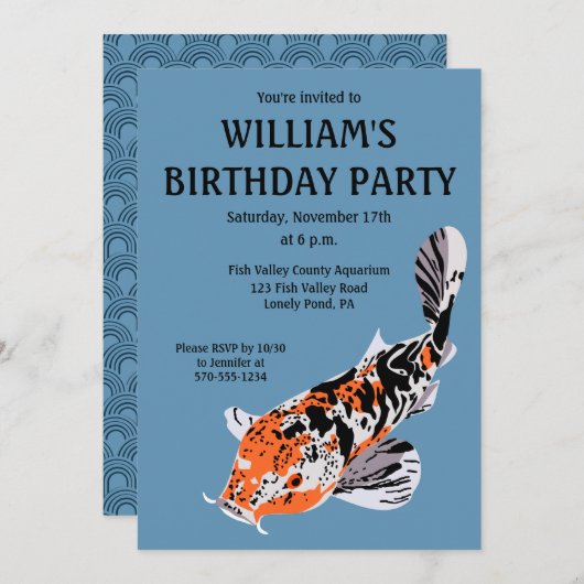 Koi Fish Illustration Orange, Blue Birthday Party Einladung (Vorne/Hinten)
