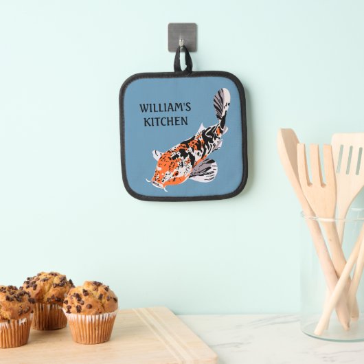 Koi Fish Illustration Orange und Blau Personalisie Topflappen (Insitu (Hängend))