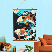 Koi Fish in a Great Wave Comic Book Style  Wandteppich Mit Holzrahmen