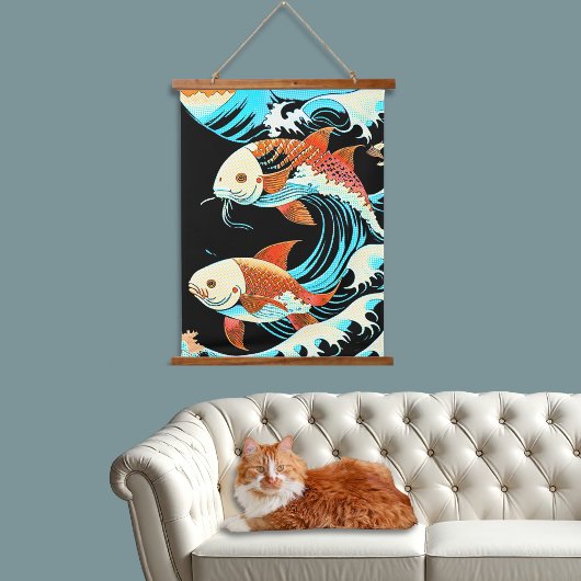Koi Fish in a Great Wave Comic Book Style  Wandteppich Mit Holzrahmen