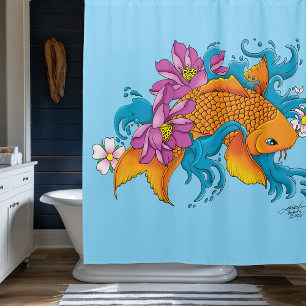 Koi Fish Lotus Cherry Blossoms Duschvorhang