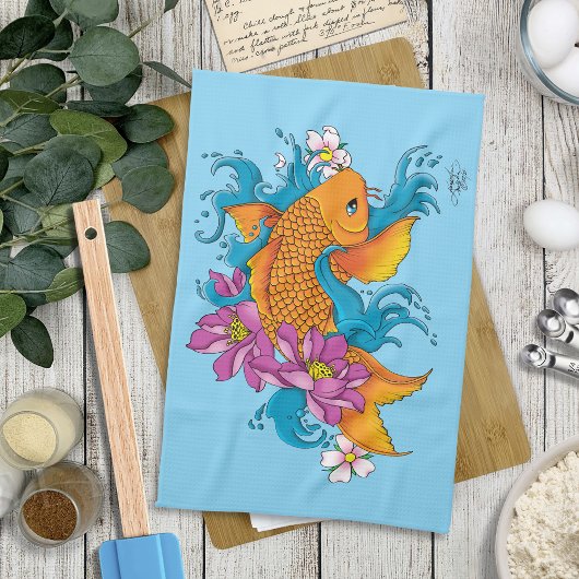 Koi Fish Lotus Cherry Blossoms Geschirrtuch