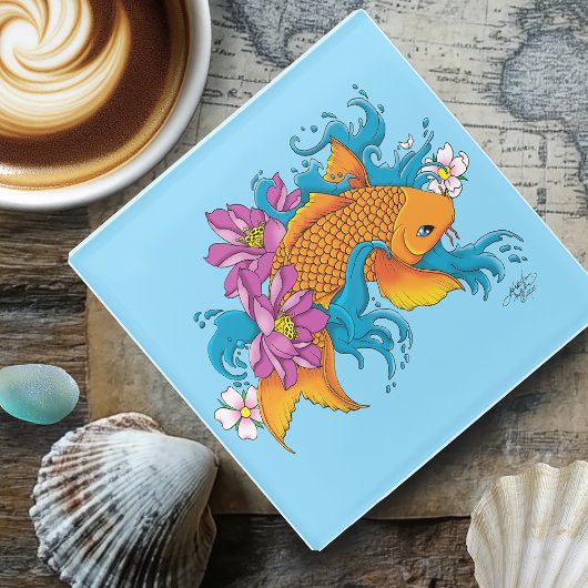 Koi Fish Lotus Cherry Blossoms Glasuntersetzer