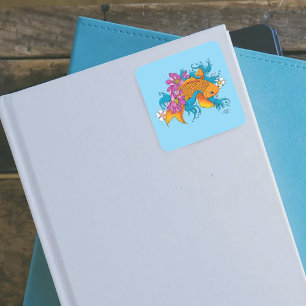 Koi Fish Lotus Cherry Blossoms Quadratischer Aufkleber