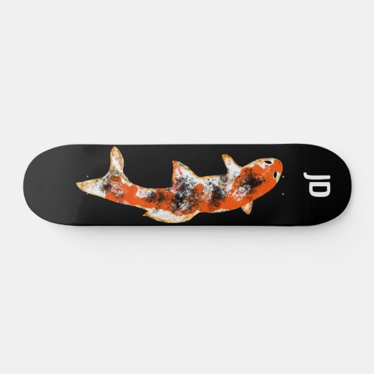 Koi Fish on Black Custom Initials Skateboard (Horizontal)
