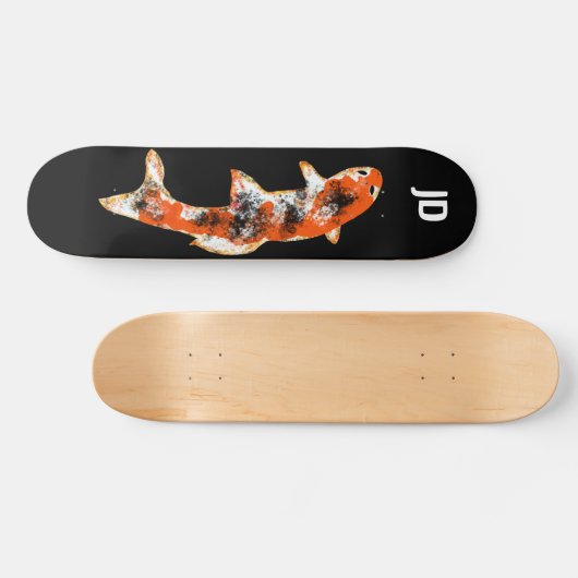Koi Fish on Black Custom Initials Skateboard (Horizontal)