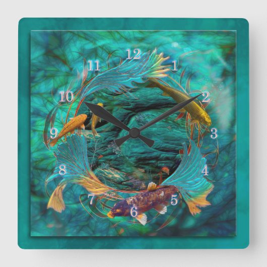 Koi Fish SWIMMING IN FRIEDEN Quadratische Wanduhr (Vorderseite)