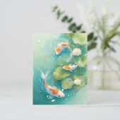 Koi Fish Swimming in Turquoise Lotus Pond Postkarte (Stehend Vorderseite)