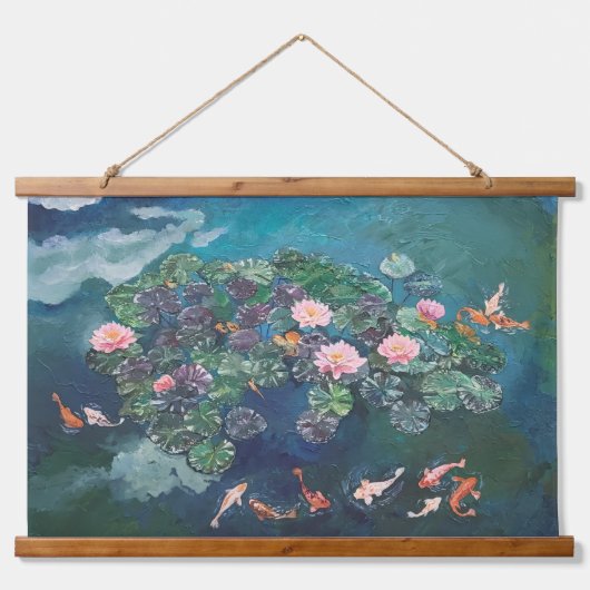 Koi Fish Wasserlilien Malerei Tapestry Wandteppich Mit Holzrahmen (Vorne)