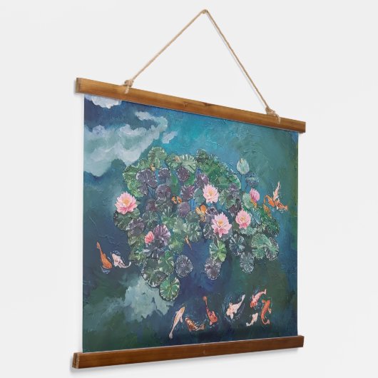 Koi Fish Wasserlilien Malerei Tapestry Wandteppich Mit Holzrahmen (Gewinkelt)