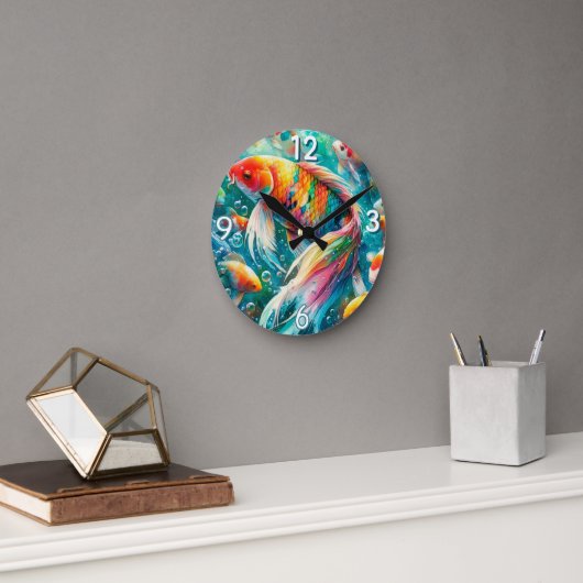Koi Fish With Colorful Scales Wall Clock Runde Wanduhr (Büro)