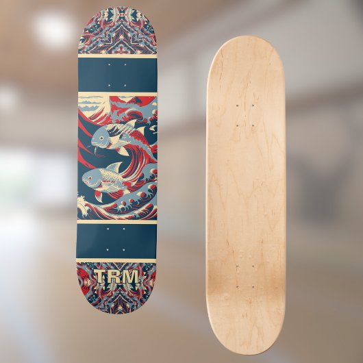 Koi Fish with Red Blue Crazy Pattern Monogram Skateboard