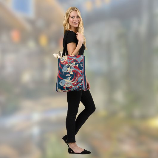 Koi Fish with Red Blue Great Wave Monogram Tasche