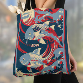 Koi Fish with Red Blue Great Wave Monogram Tasche