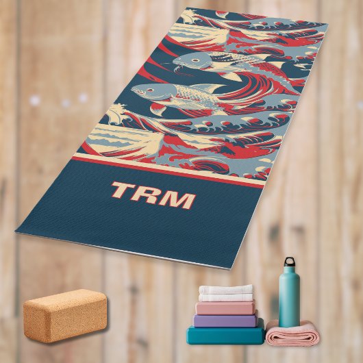 Koi Fish with Red Blue Great Wave Monogram Yogamatte
