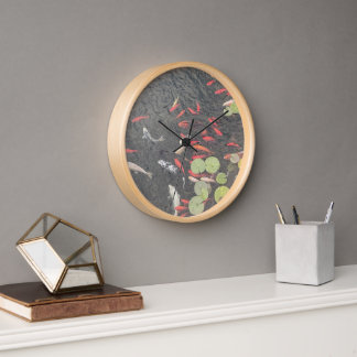 Koi Pond Clock in Orangen und Grüntönen Uhr
