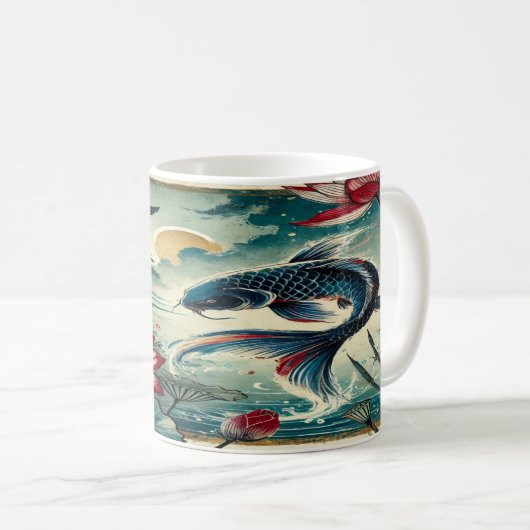 Koi Serenity: Lotus und Torii unter Mondlicht Kaffeetasse (VorderseiteRechts)