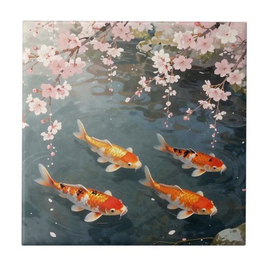 Koi-Teich Kirschblüten Serenität Fliese (Vorderseite)