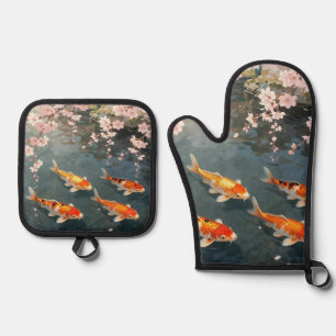 Koi-Teich Kirschblüten Serenität Ofenhandschuh & Topflappen-Set