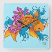 Koi und Blume Quadratische Wanduhr (Vorderseite)