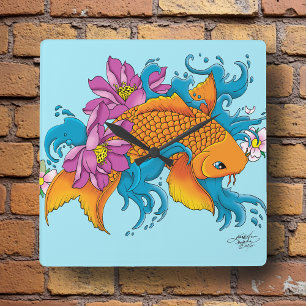 Koi und Blume Quadratische Wanduhr