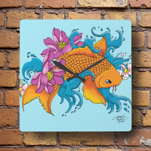 Koi und Blume Quadratische Wanduhr