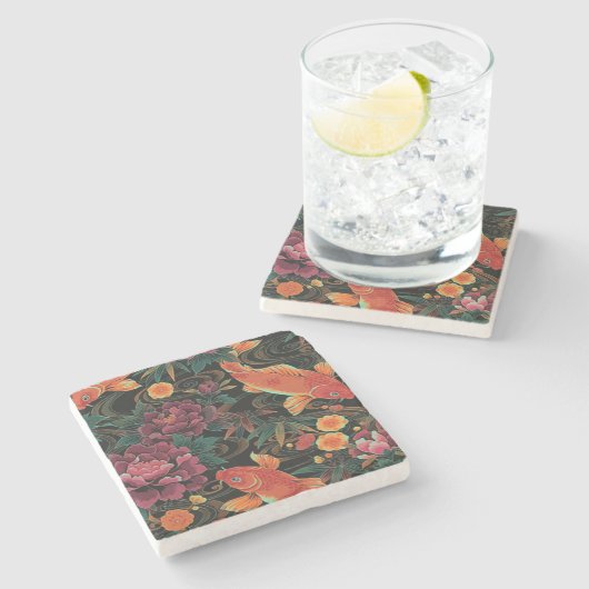 Koi und Pfingstrosen-SteinUntersetzer Steinuntersetzer (Seitenansicht)