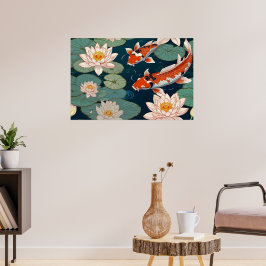 Koi und Wasserlilien im Gartenteich Poster