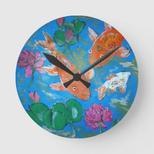 Koi unter Lotus-Wanduhr Runde Wanduhr