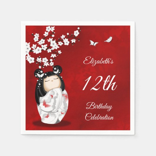 Kokeshi Doll Cherry Blossom | Girl's Birthday Napk Serviette (Vorderseite)