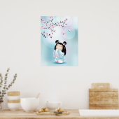 Kokeshi Doll Cherry Blossom Türkis Girls Poster (Küche)