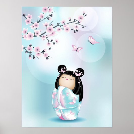 Kokeshi Doll Cherry Blossom Türkis Girls Poster (Vorne)