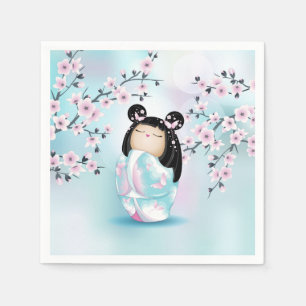 Kokeshi Doll Cherry Blossom Türkis Pink Serviette
