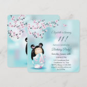 Kokeshi Doll Cherry Blossoms Mädchen zum Geburtsta Einladung (Vorne/Hinten)