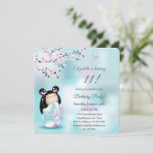 Kokeshi Doll Cherry Blossoms Mädchen zum Geburtsta Einladung (Stehend Vorderseite)