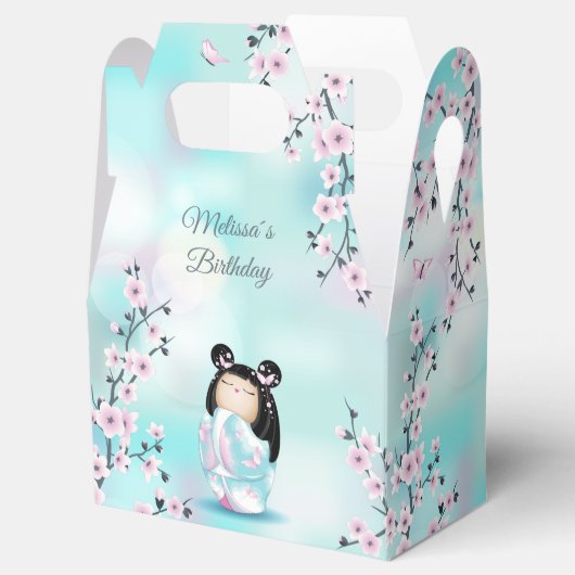 Kokeshi Doll Cherry Blüten Türkis Geschenkschachtel (Geöffnet)