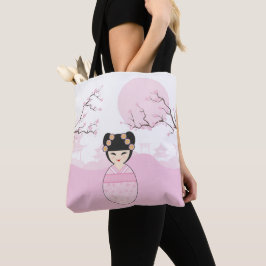 Kokeshi Doll in Pink on Typical Japanese Landscape Tasche