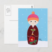 Kokeshi Doll mit Kamelien Postkarte (Vorne/Hinten)