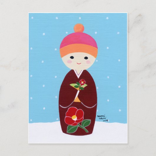 Kokeshi Doll mit Kamelien Postkarte (Vorderseite)