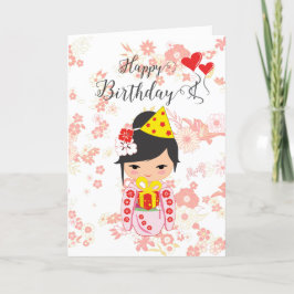 Kokeshi Doll Pink Happy Birthday Card Dankeskarte