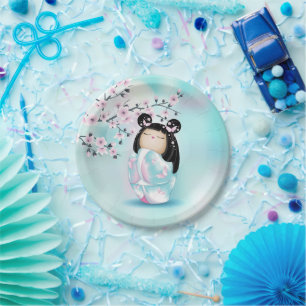 Kokeshi Doll Pink Turquoise Girls Geburtstag Pappteller