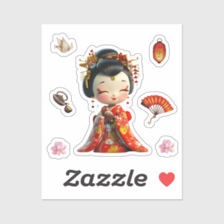 Kokeshi Doll Red and Gold, Geisha Stickers Aufkleber