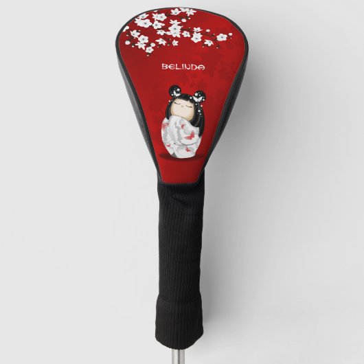 Kokeshi Doll Red Schwarz-weiß Cherry Blossom Golf Headcover (Vorderseite)