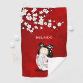 Kokeshi Doll Red Schwarz-weiß Cherry Blossom Golfhandtuch (Insitu)