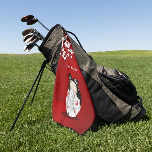 Kokeshi Doll Red Schwarz-weiß Cherry Blossom Golfhandtuch (Gras)